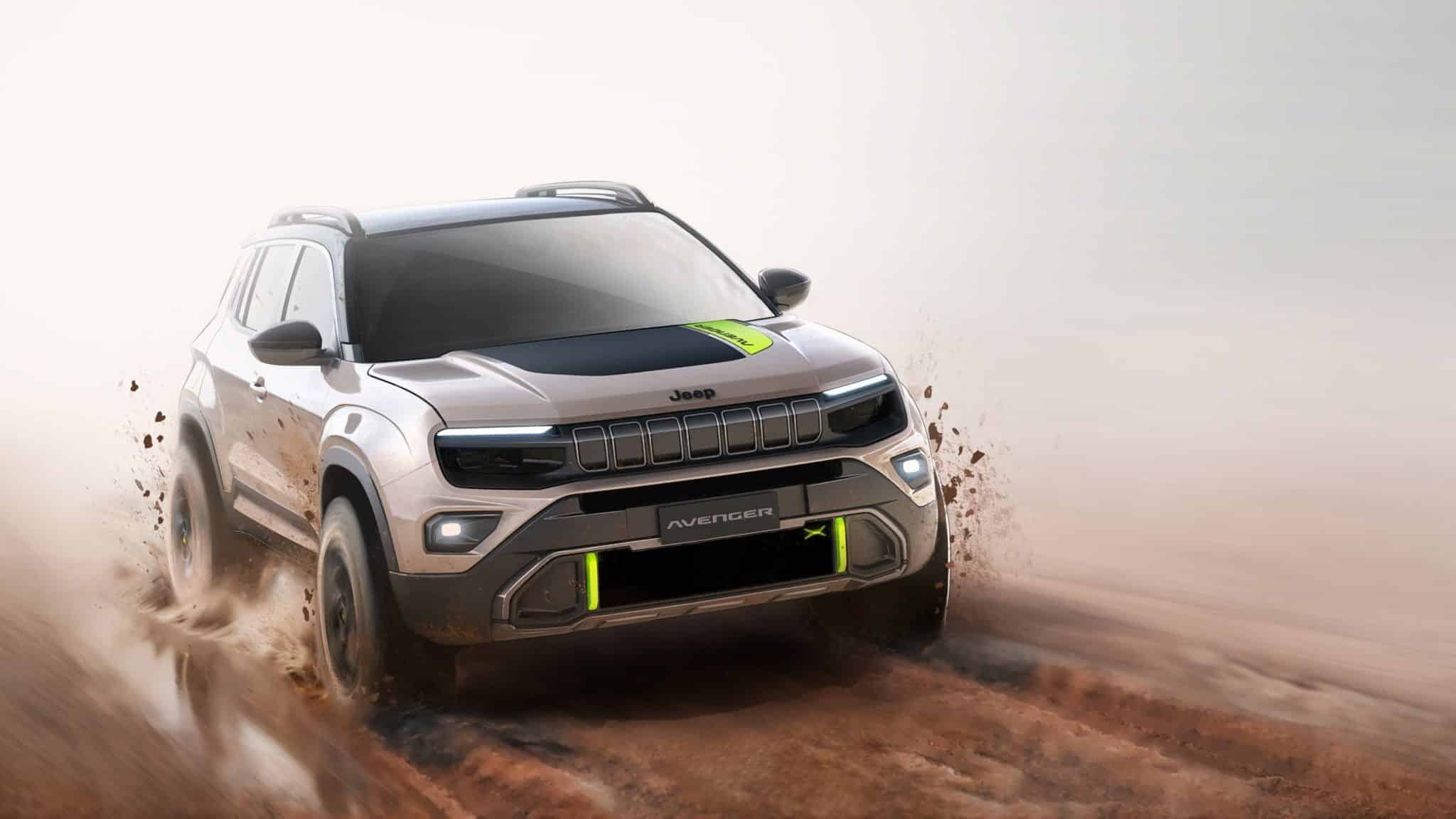 Jeep Avenger en action sur un terrain boueux, démontrant ses capacités tout-terrain et sa robustesse