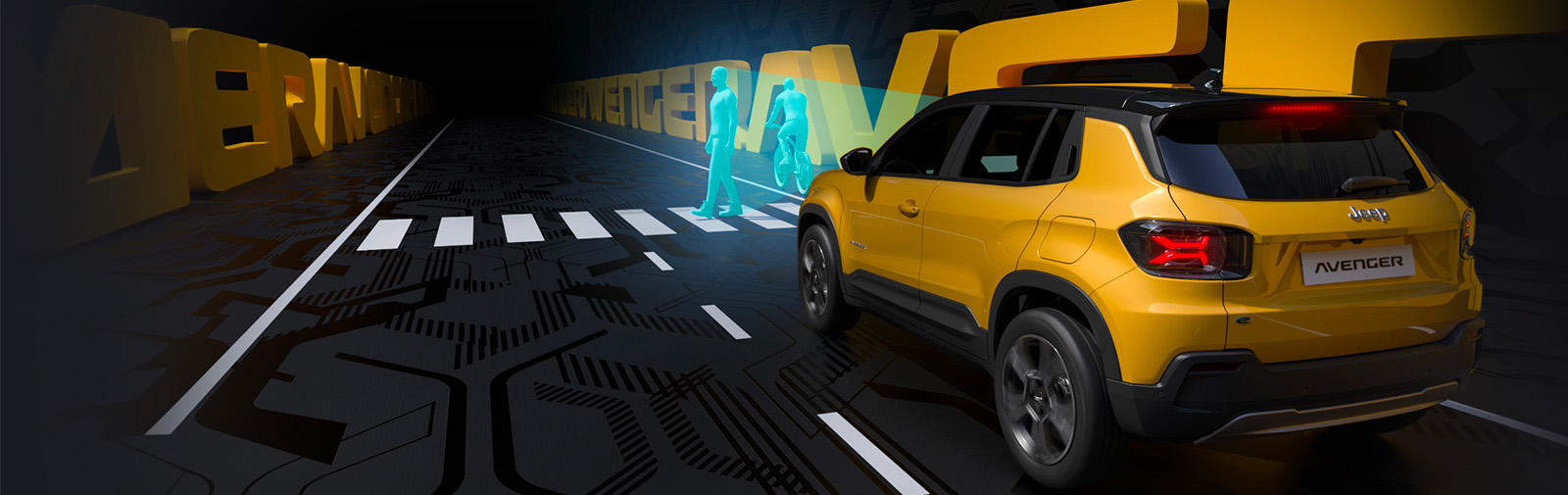 SUV compact démontrant son freinage autonome d’urgence avec détection des piétons et cyclistes